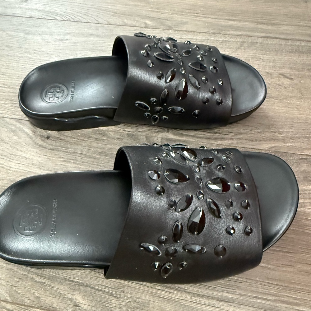 Tory Burch Black Embellished Slide Sandals
